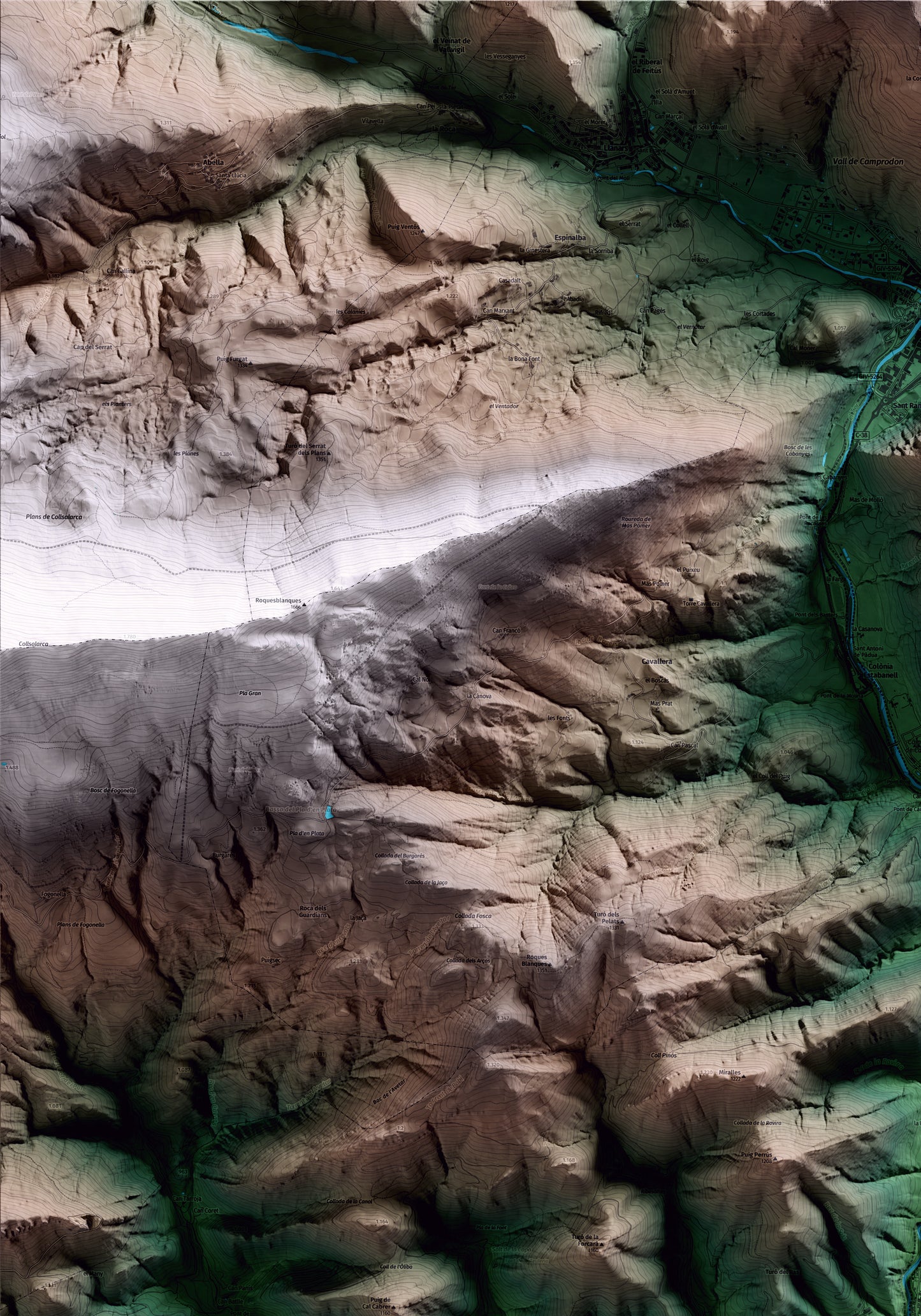 Mapa artístico del relieve de Sant Pau de Segúries, al Ripollès, con 15 km de entorno y base topográfica ICGC. Detalle de la zona superior izquierda.