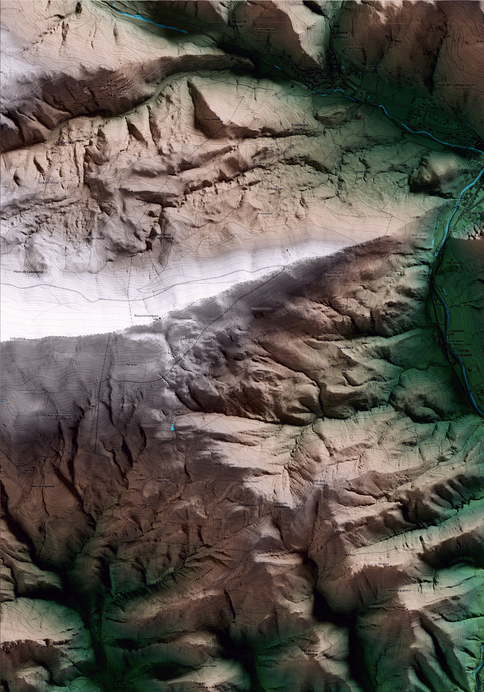 Mapa artístico del relieve de Sant Pau de Segúries, al Ripollès, con 15 km de entorno y base topográfica ICGC. Detalle de la zona superior izquierda.