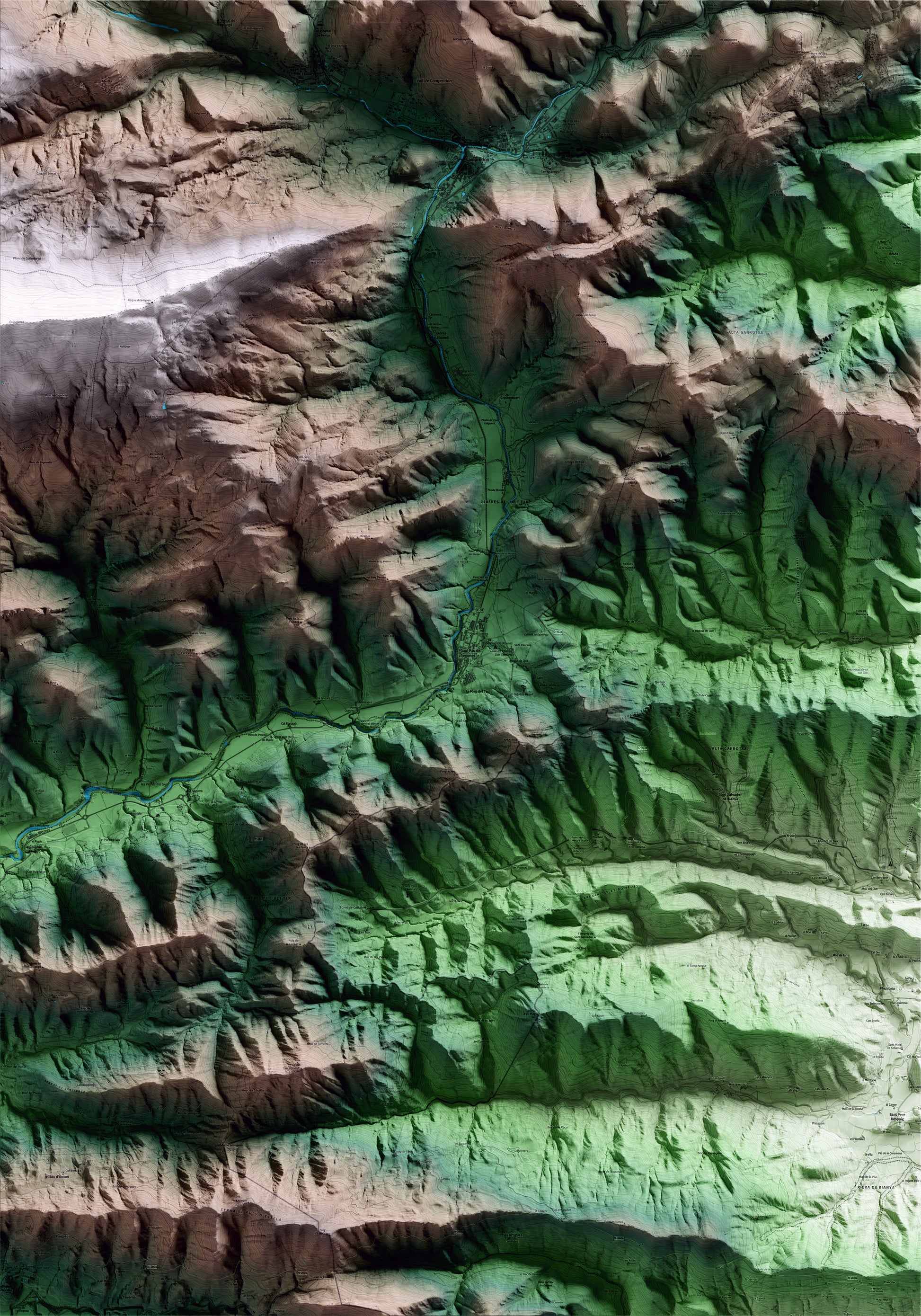 Mapa artístico del relieve de Sant Pau de Segúries, al Ripollès, con 15 km de entorno y base topográfica ICGC