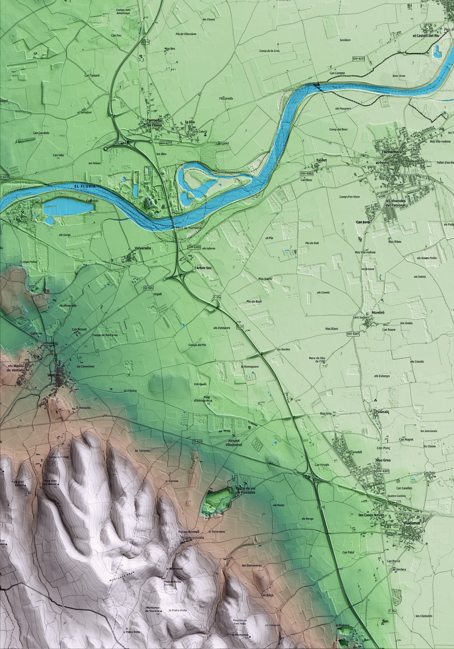 Mapa artístico del relieve de Sant Pere Pescador, al Alt Empordà, con 15 km de entorno y base topográfica ICGC. Detalle de la zona inferior izquierda.