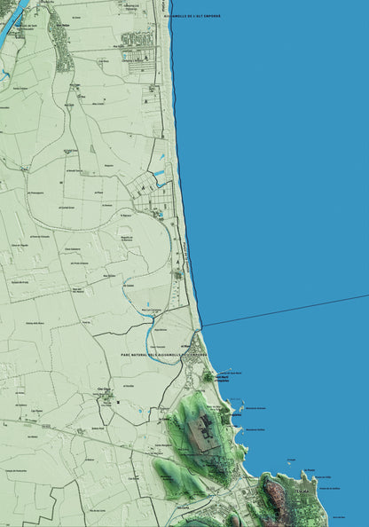 Mapa artístico del relieve de Sant Pere Pescador, al Alt Empordà, con 15 km de entorno y base topográfica ICGC. Detalle de la zona inferior derecha.
