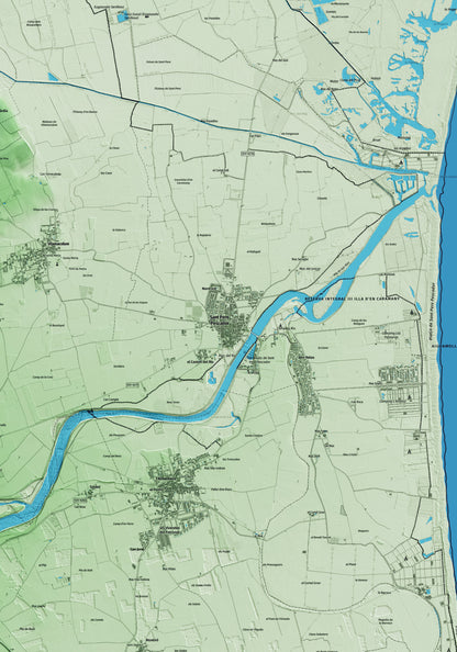 Mapa artístico del relieve de Sant Pere Pescador, al Alt Empordà, con 15 km de entorno y base topográfica ICGC. Detalle de la zona central.
