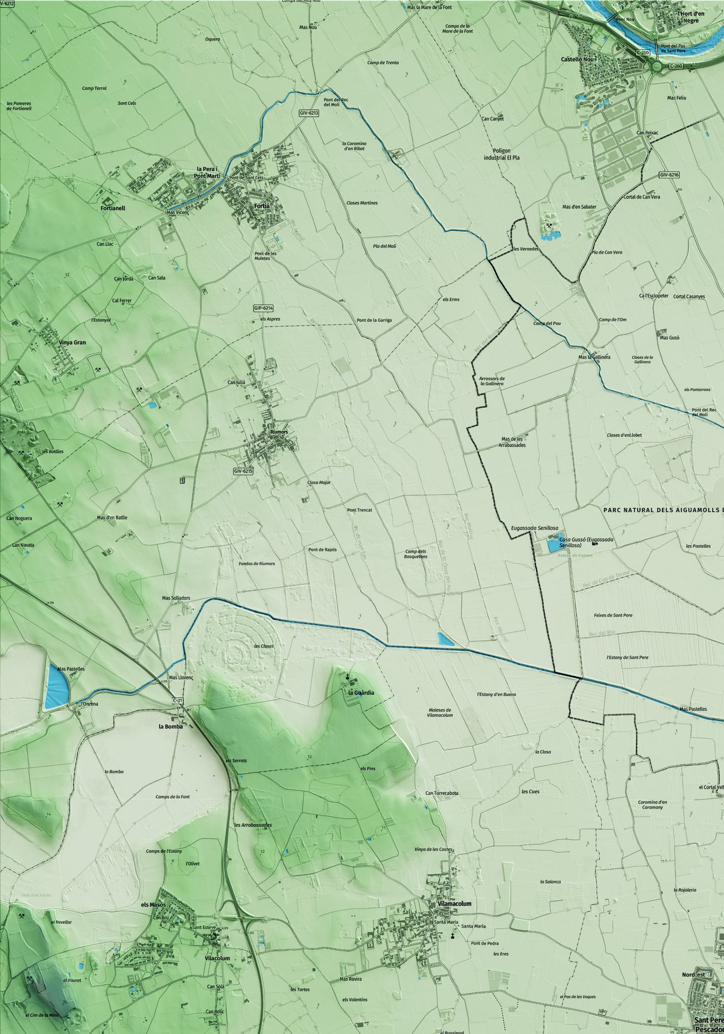 Mapa artístico del relieve de Sant Pere Pescador, al Alt Empordà, con 15 km de entorno y base topográfica ICGC. Detalle de la zona superior izquierda.
