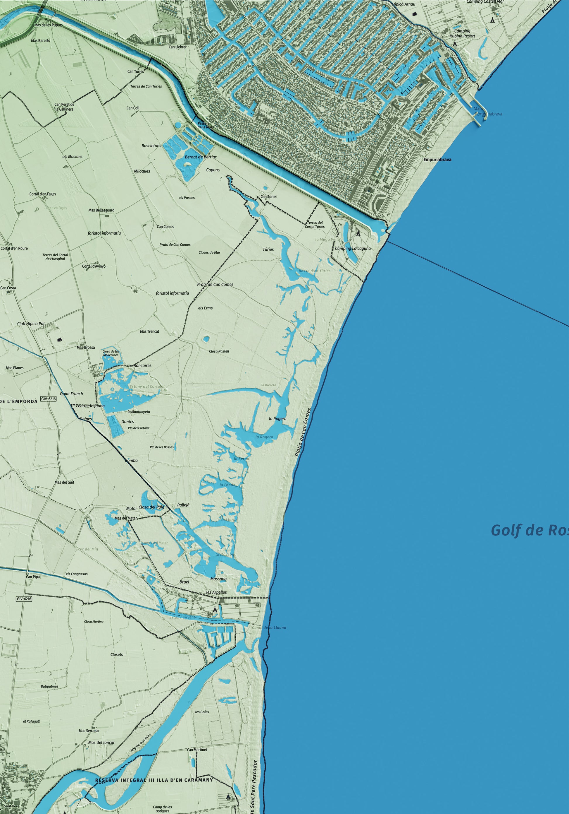 Mapa artístico del relieve de Sant Pere Pescador, al Alt Empordà, con 15 km de entorno y base topográfica ICGC. Detalle de la zona superior derecha.