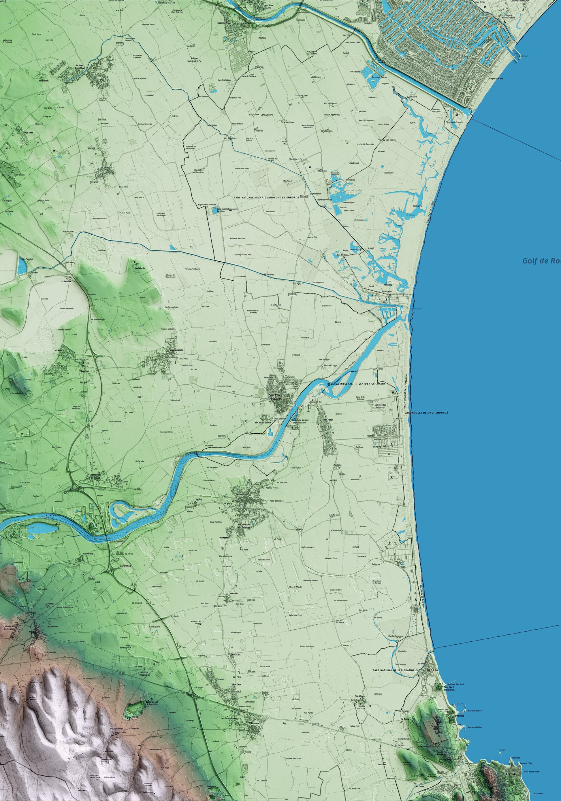 Mapa artístico del relieve de Sant Pere Pescador, al Alt Empordà, con 15 km de entorno y base topográfica ICGC