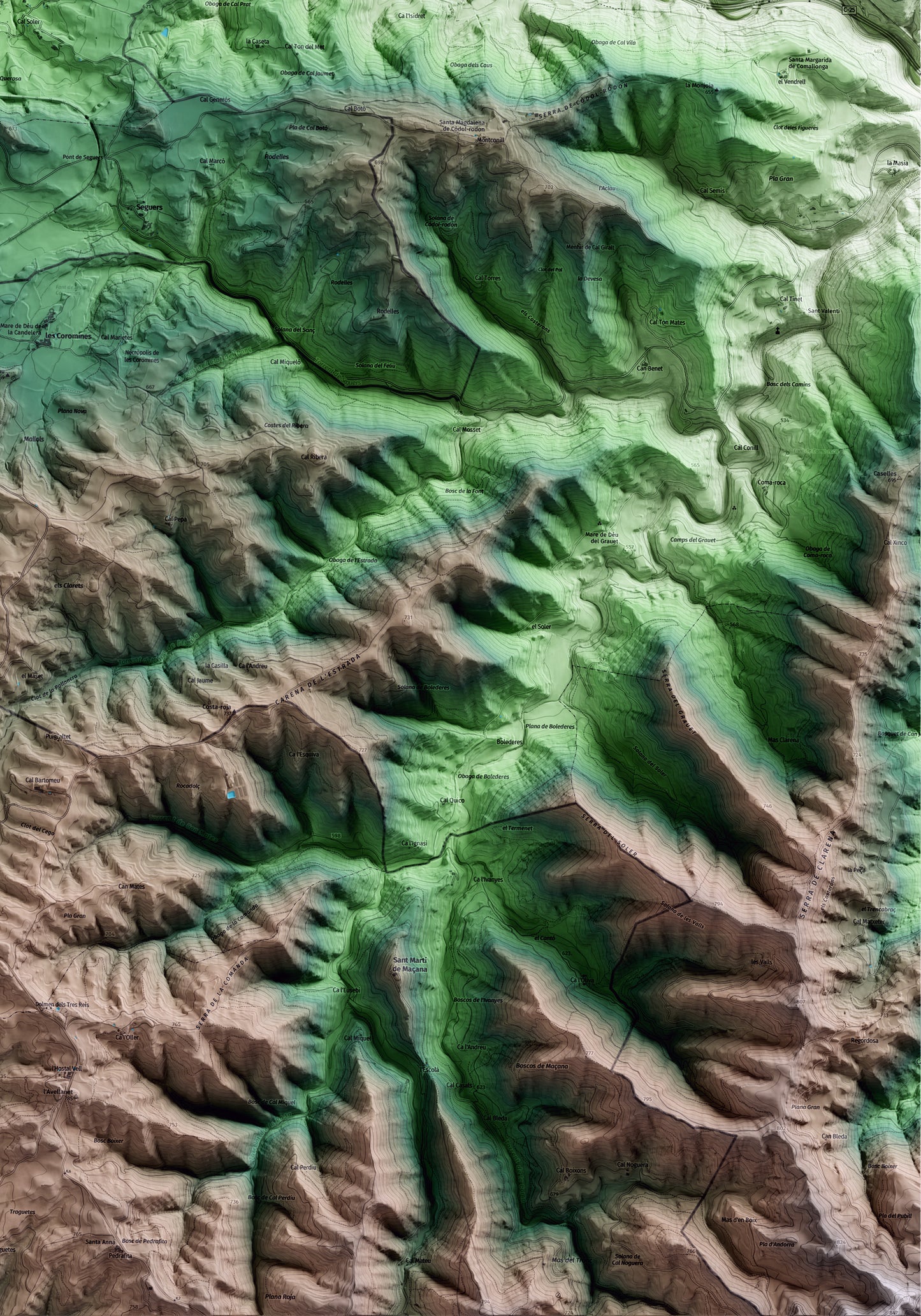 Mapa artístico del relieve de Sant Pere Sallavinera, al Anoia, con 15 km de entorno y base topográfica ICGC. Detalle de la zona inferior derecha.