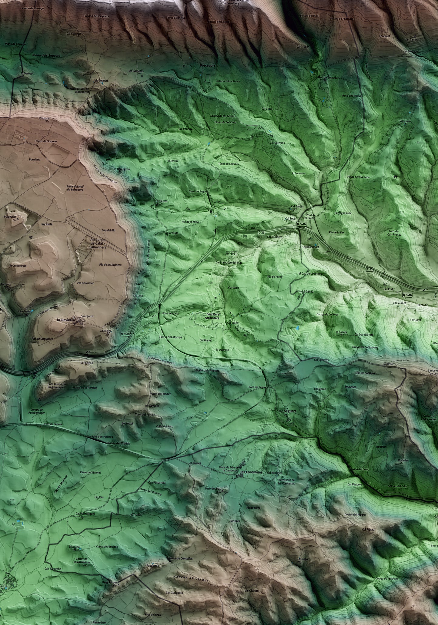 Mapa artístico del relieve de Sant Pere Sallavinera, al Anoia, con 15 km de entorno y base topográfica ICGC. Detalle de la zona central.