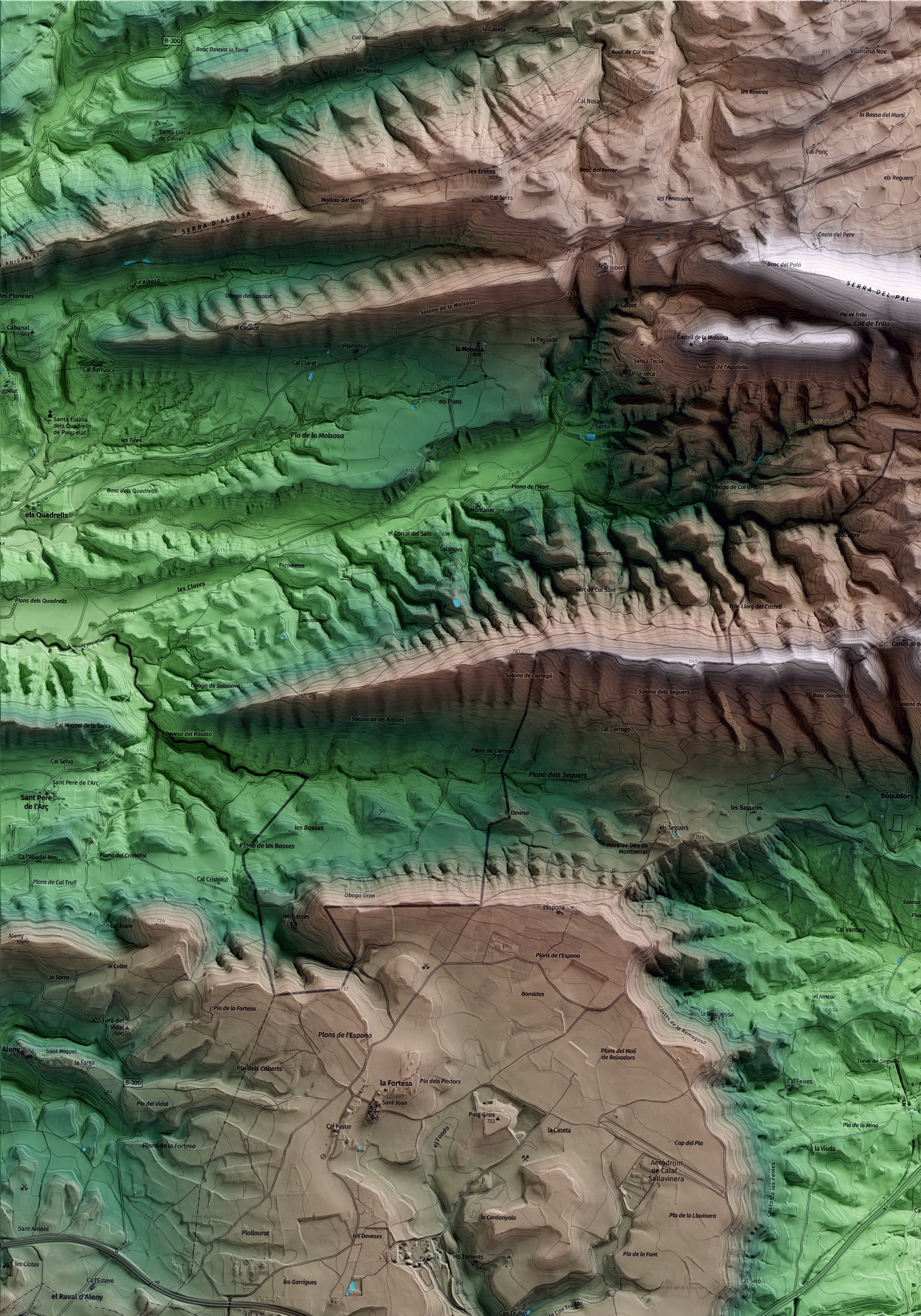 Mapa artístico del relieve de Sant Pere Sallavinera, al Anoia, con 15 km de entorno y base topográfica ICGC. Detalle de la zona superior izquierda.