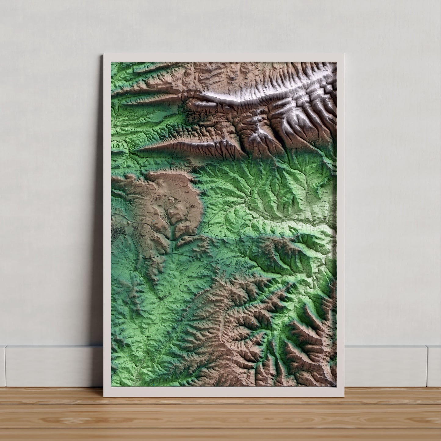 Mapa artístico del relieve de Sant Pere Sallavinera, al Anoia, con 15 km de entorno y base topográfica ICGC. Presentación enmarcada.