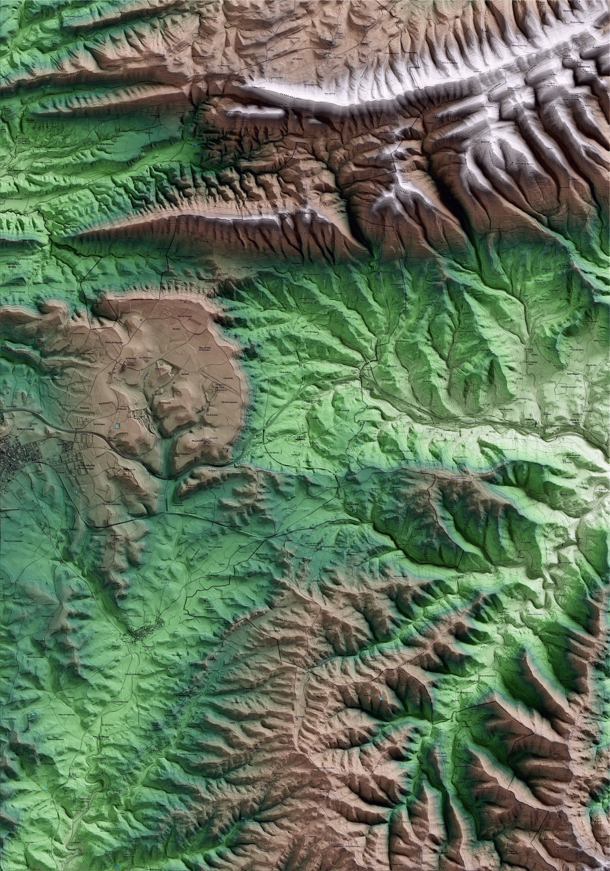 Mapa artístico del relieve de Sant Pere Sallavinera, al Anoia, con 15 km de entorno y base topográfica ICGC