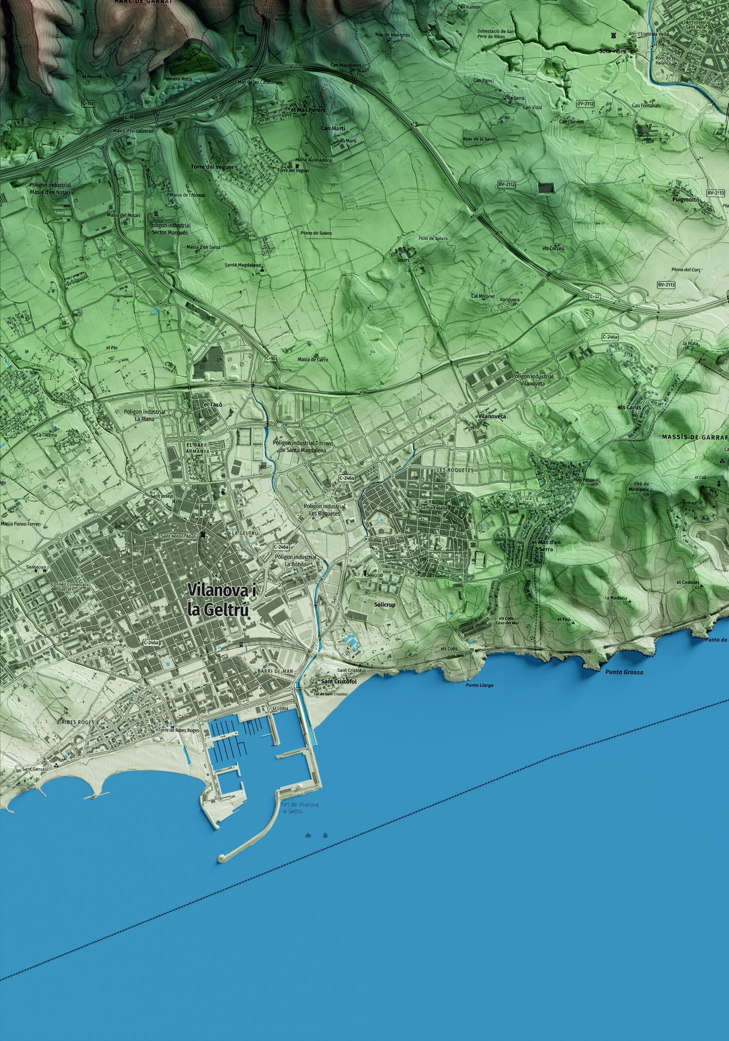 Mapa artístico del relieve de Sant Pere de Ribes, al Garraf, con 15 km de entorno y base topográfica ICGC. Detalle de la zona inferior izquierda.