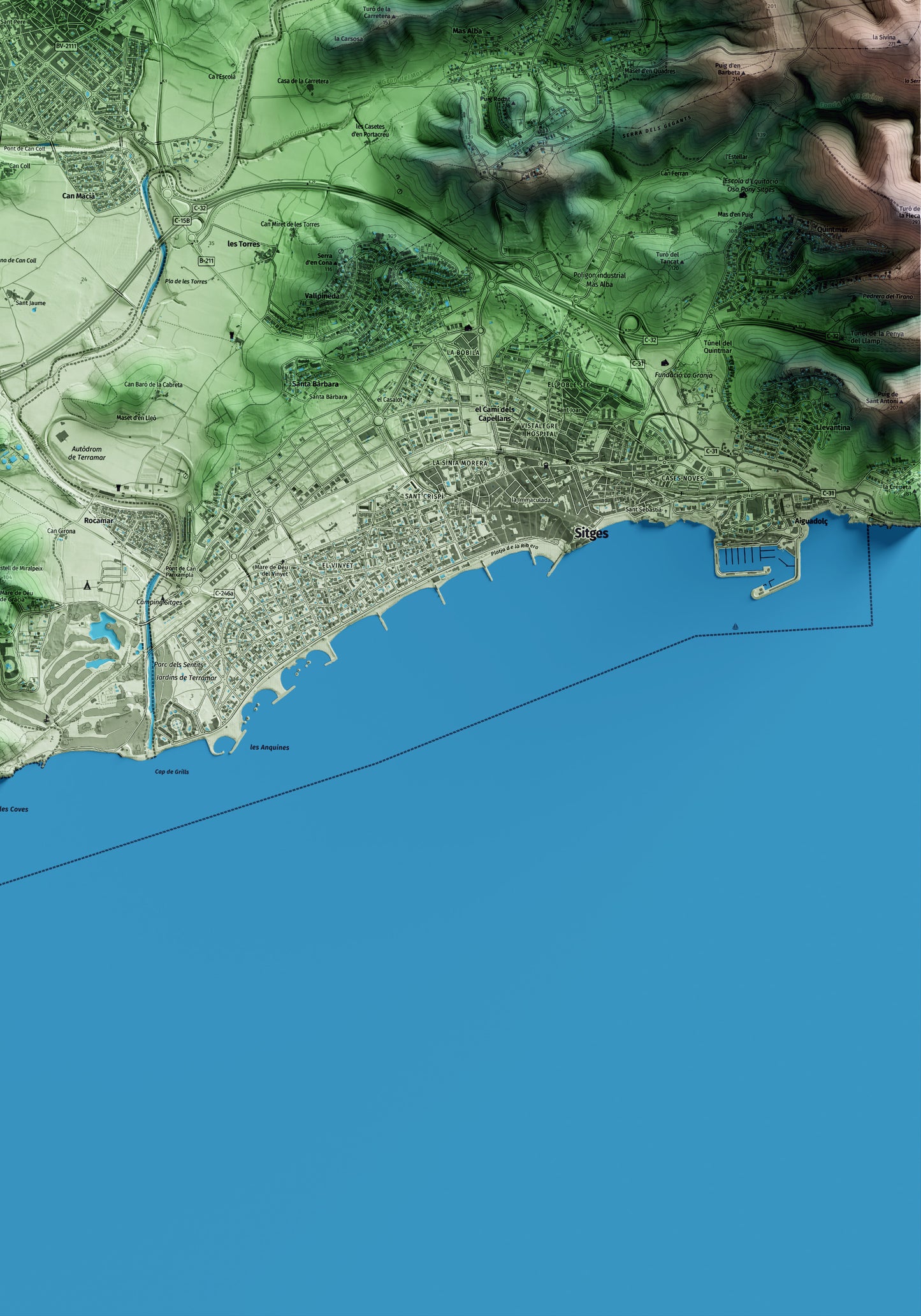 Mapa artístico del relieve de Sant Pere de Ribes, al Garraf, con 15 km de entorno y base topográfica ICGC. Detalle de la zona inferior derecha.