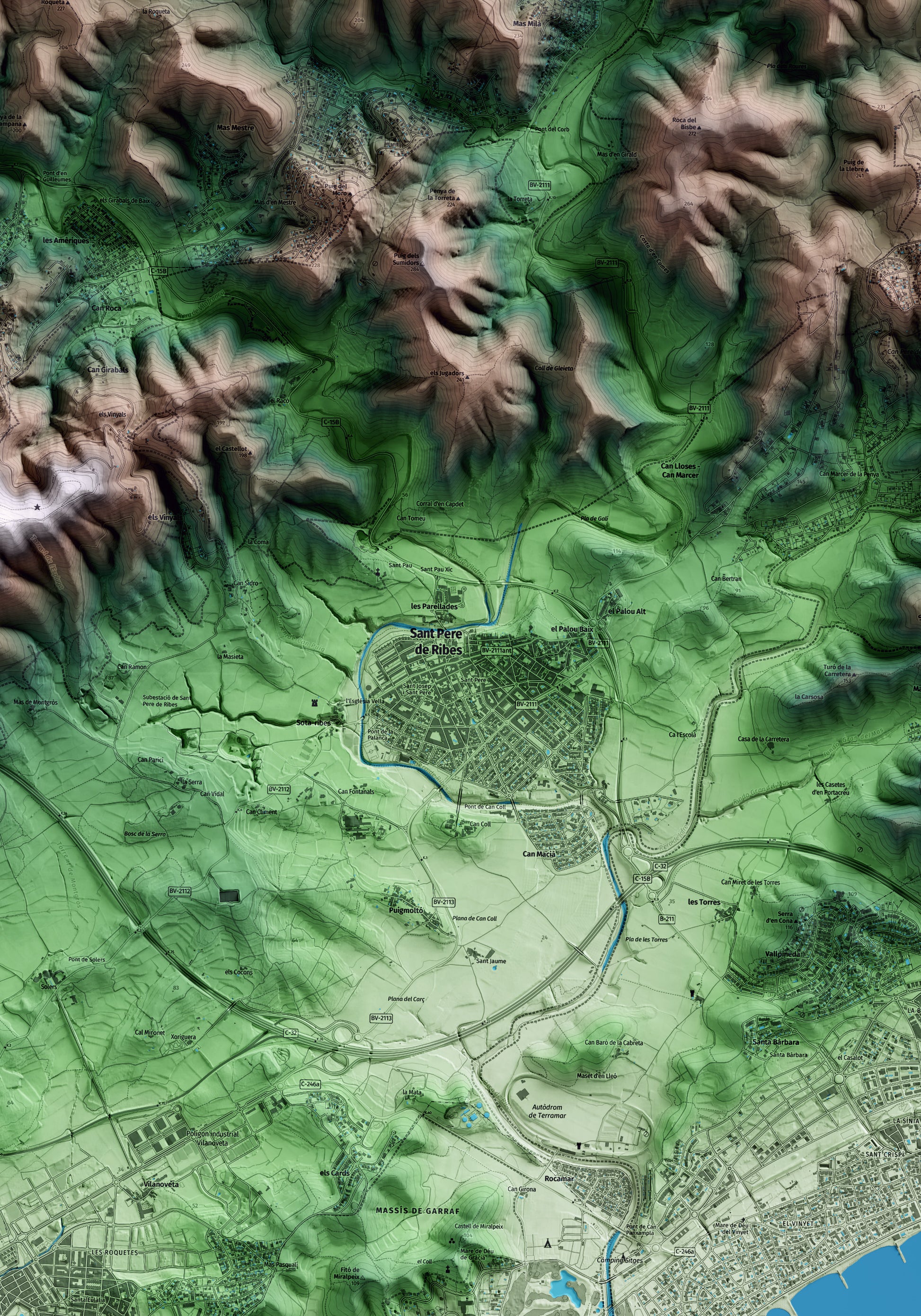 Mapa artístico del relieve de Sant Pere de Ribes, al Garraf, con 15 km de entorno y base topográfica ICGC. Detalle de la zona central.