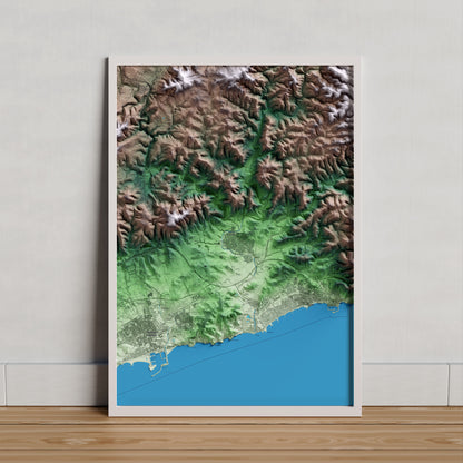 Mapa artístico del relieve de Sant Pere de Ribes, al Garraf, con 15 km de entorno y base topográfica ICGC. Presentación enmarcada.