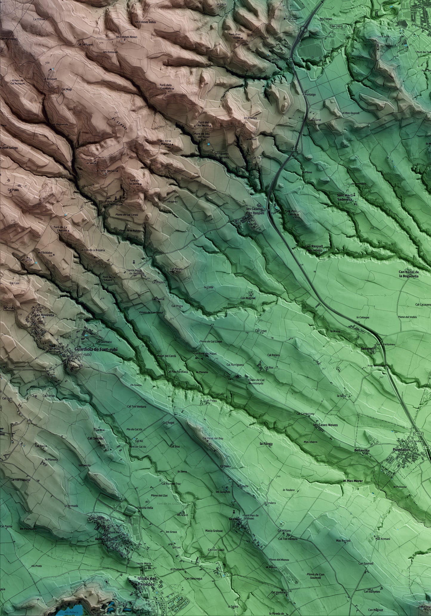 Mapa artístico del relieve de Sant Pere de Riudebitlles, al Alt Penedès, con 15 km de entorno y base topográfica ICGC. Detalle de la zona inferior izquierda.