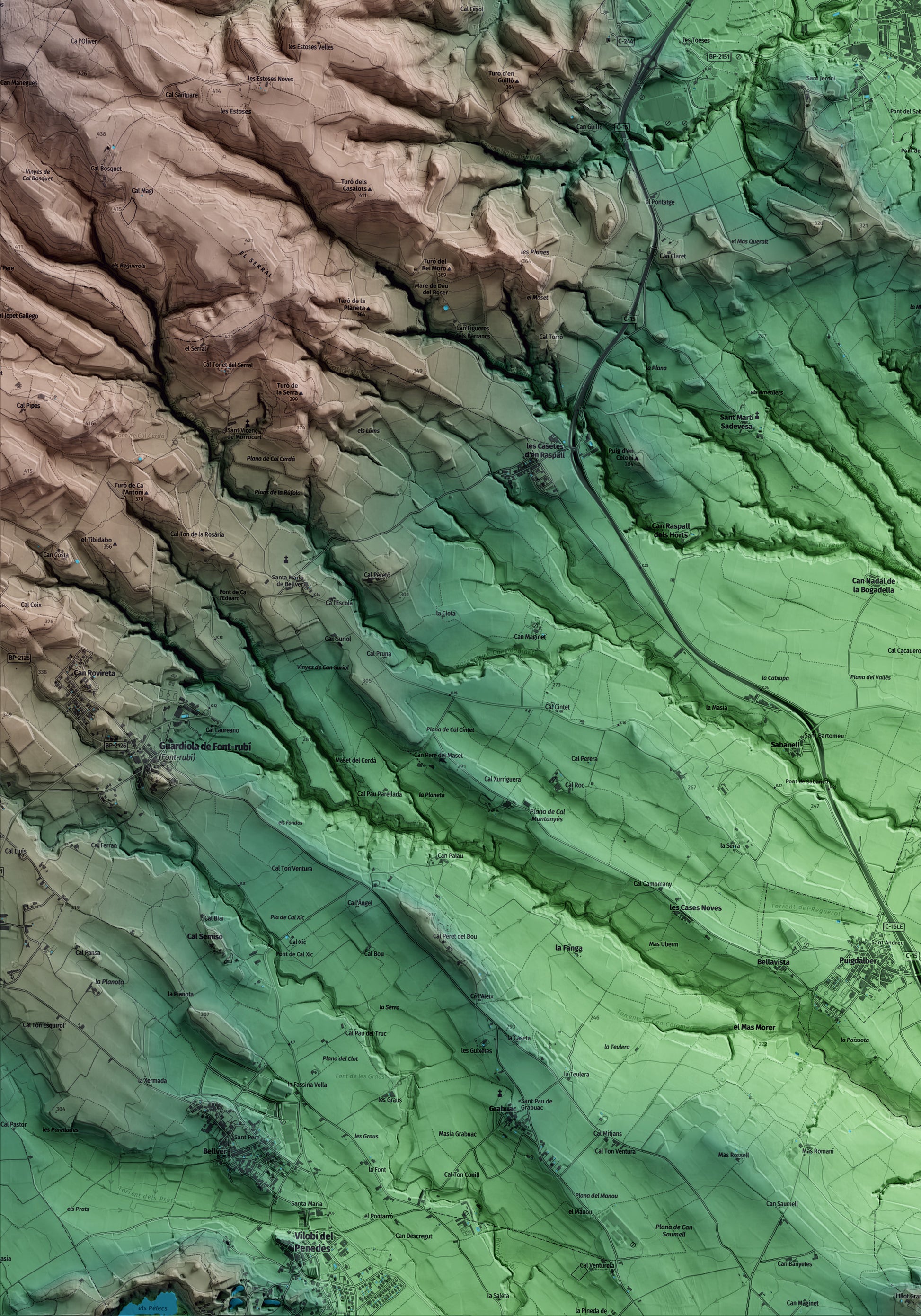Mapa artístico del relieve de Sant Pere de Riudebitlles, al Alt Penedès, con 15 km de entorno y base topográfica ICGC. Detalle de la zona inferior izquierda.