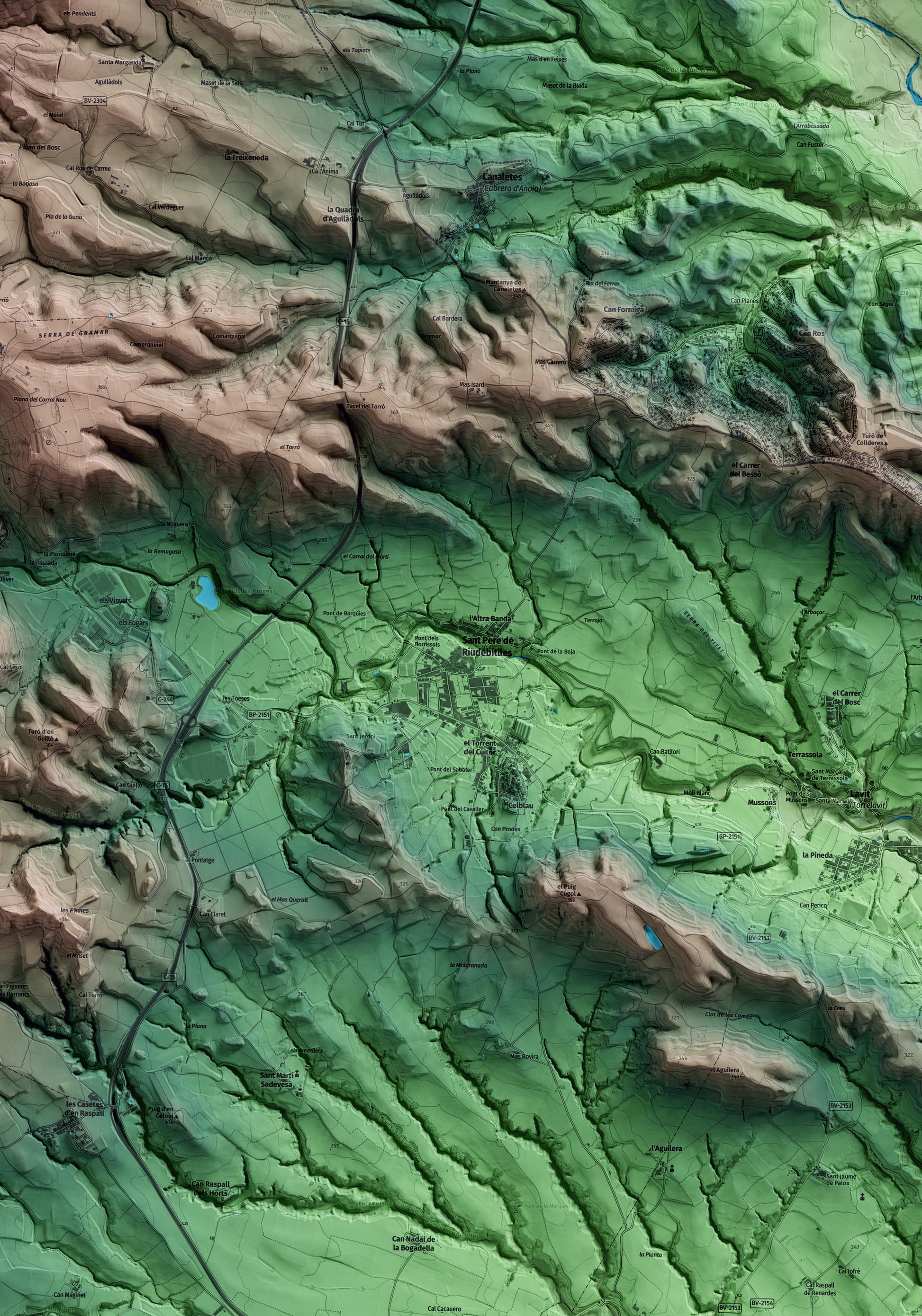 Mapa artístico del relieve de Sant Pere de Riudebitlles, al Alt Penedès, con 15 km de entorno y base topográfica ICGC. Detalle de la zona central.