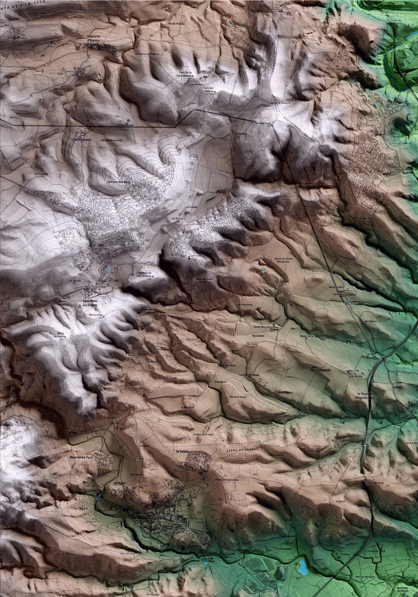 Mapa artístico del relieve de Sant Pere de Riudebitlles, al Alt Penedès, con 15 km de entorno y base topográfica ICGC. Detalle de la zona superior izquierda.
