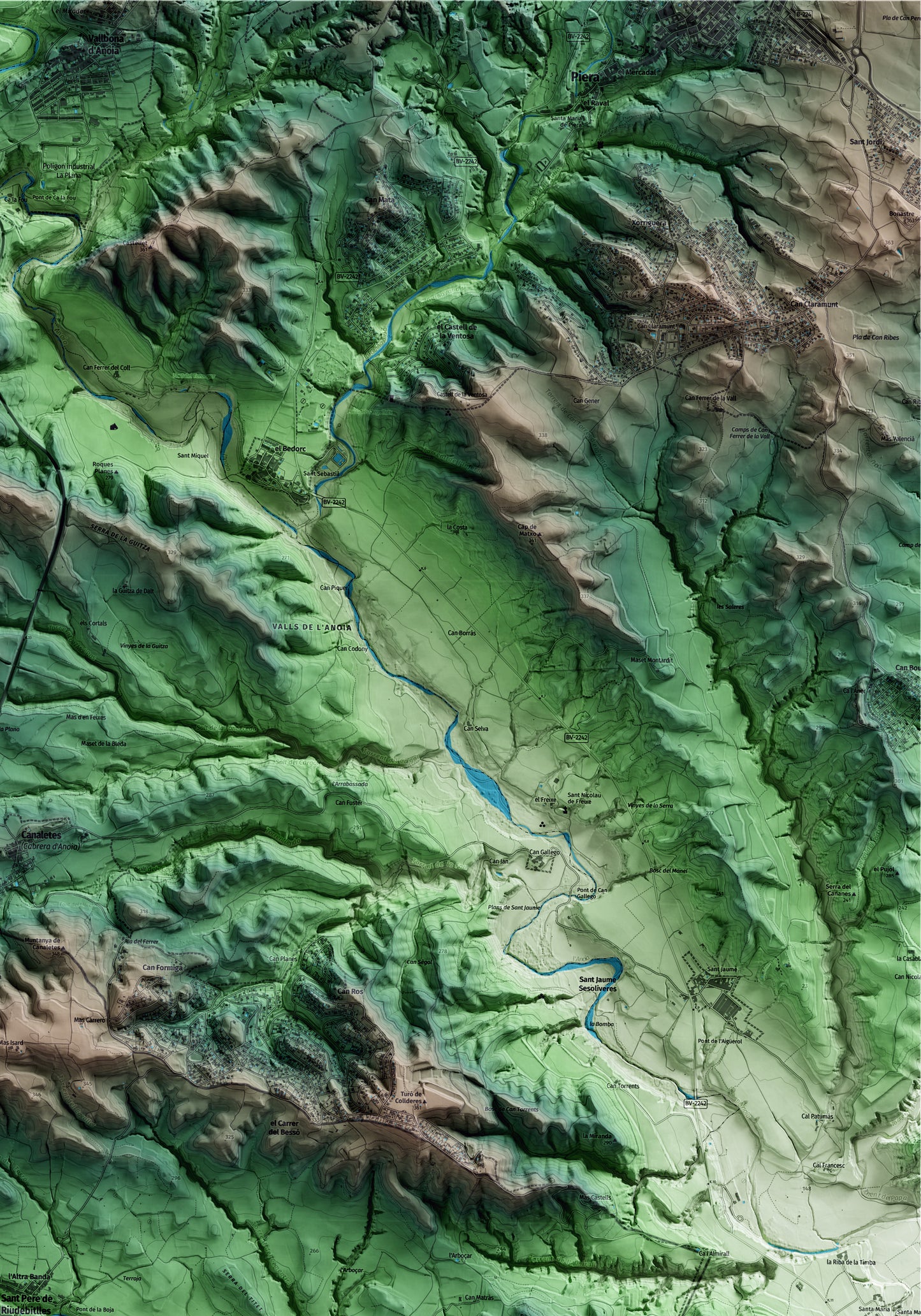 Mapa artístico del relieve de Sant Pere de Riudebitlles, al Alt Penedès, con 15 km de entorno y base topográfica ICGC. Detalle de la zona superior derecha.