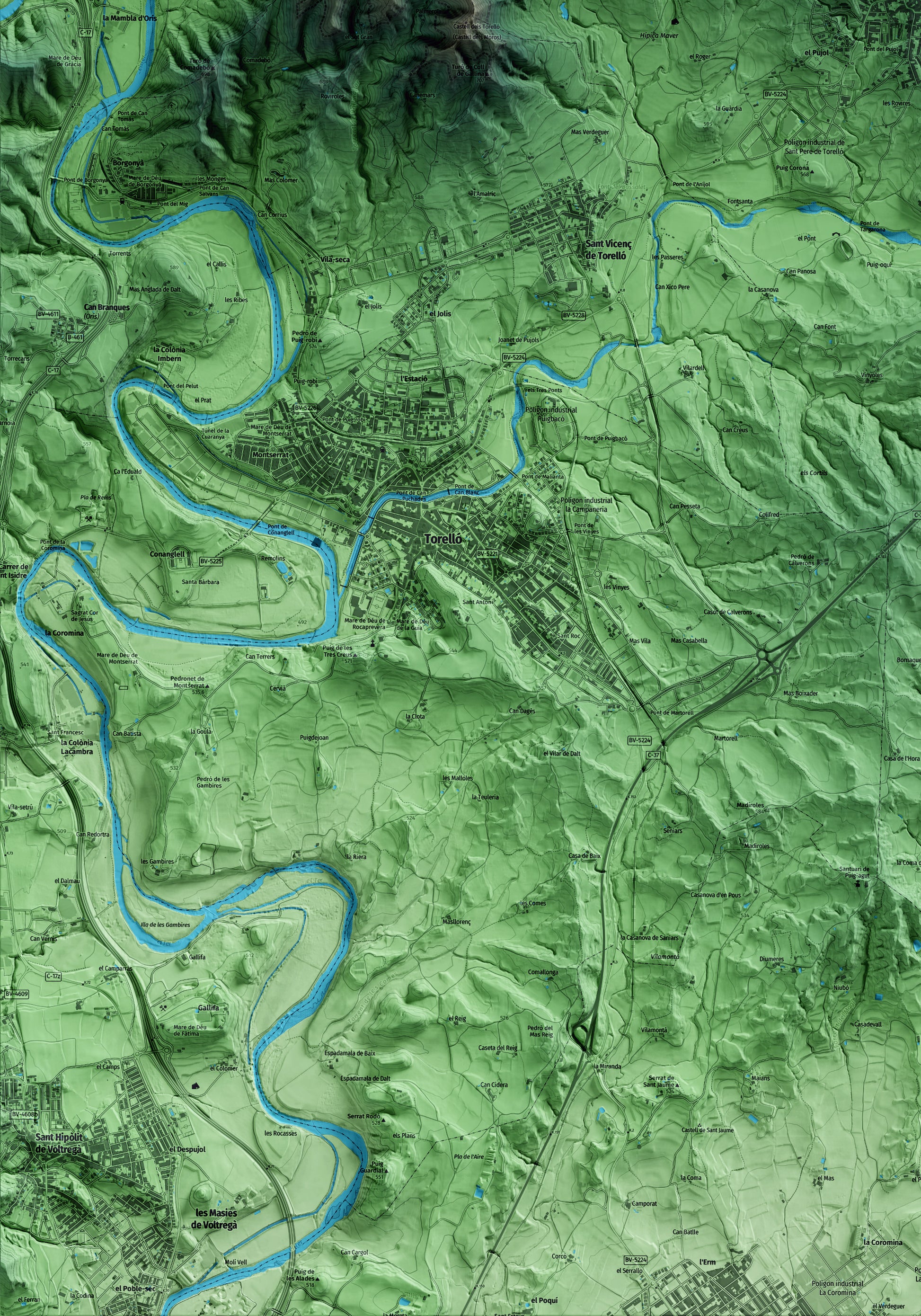 Mapa artístico del relieve de Sant Pere de Torelló, a Osona, con 15 km de entorno y base topográfica ICGC. Detalle de la zona inferior izquierda.