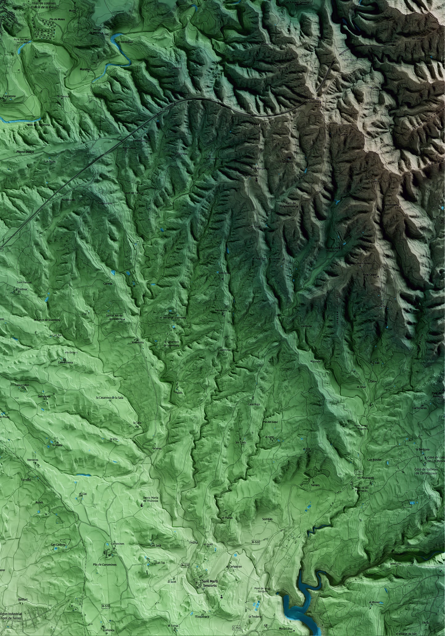 Mapa artístico del relieve de Sant Pere de Torelló, a Osona, con 15 km de entorno y base topográfica ICGC. Detalle de la zona inferior derecha.