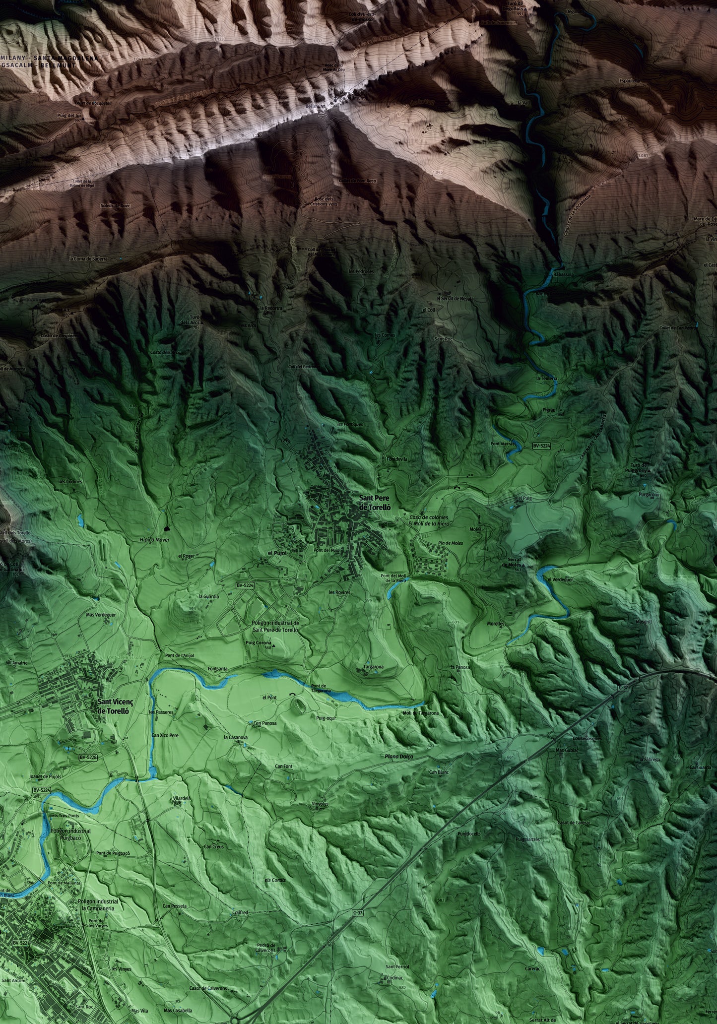 Mapa artístico del relieve de Sant Pere de Torelló, a Osona, con 15 km de entorno y base topográfica ICGC. Detalle de la zona central.