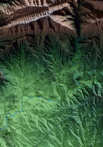 Mapa artístico del relieve de Sant Pere de Torelló, a Osona, con 15 km de entorno y base topográfica ICGC. Detalle de la zona central.