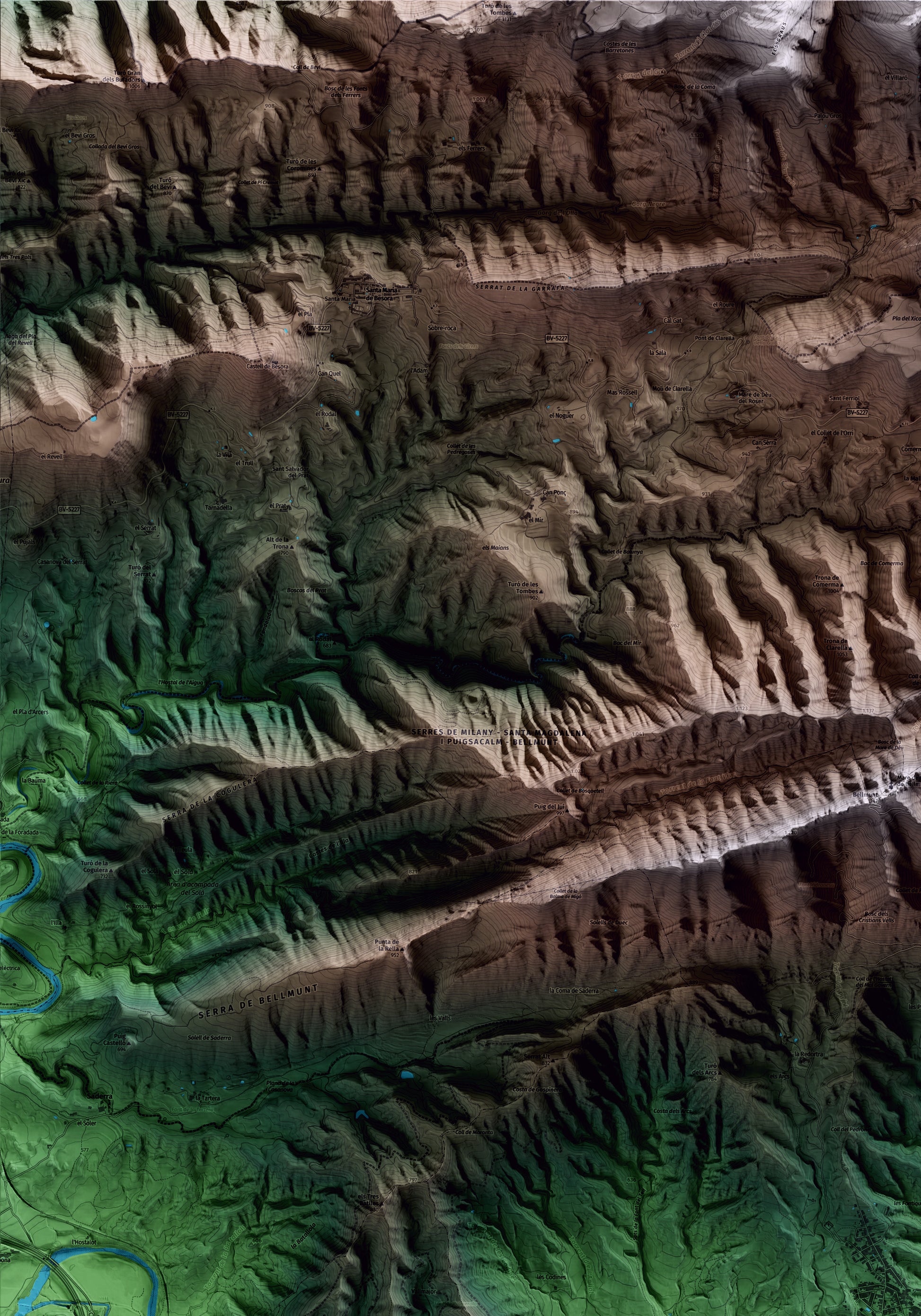 Mapa artístico del relieve de Sant Pere de Torelló, a Osona, con 15 km de entorno y base topográfica ICGC. Detalle de la zona superior izquierda.