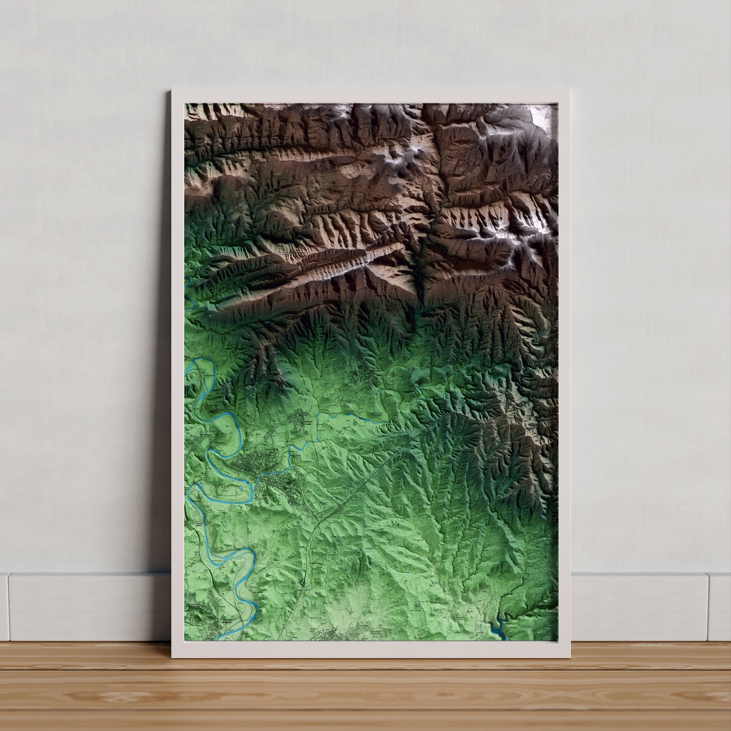 Mapa artístico del relieve de Sant Pere de Torelló, a Osona, con 15 km de entorno y base topográfica ICGC. Presentación enmarcada.