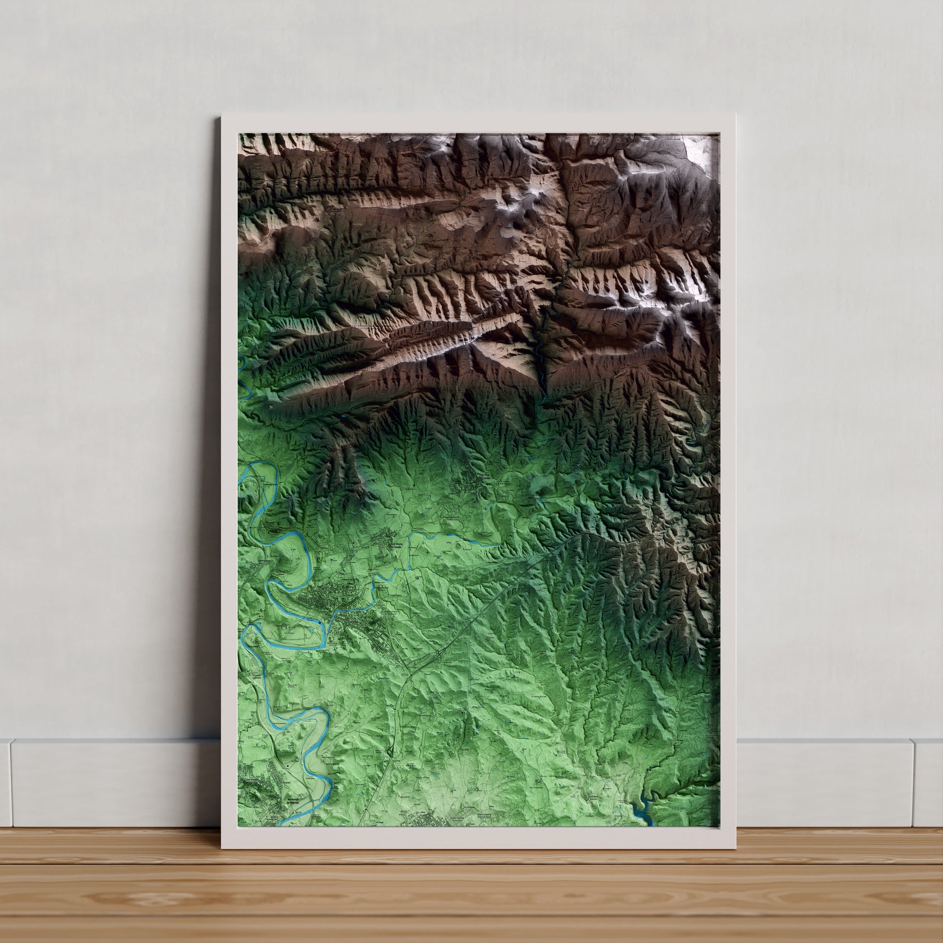 Mapa artístico del relieve de Sant Pere de Torelló, a Osona, con 15 km de entorno y base topográfica ICGC. Presentación enmarcada.