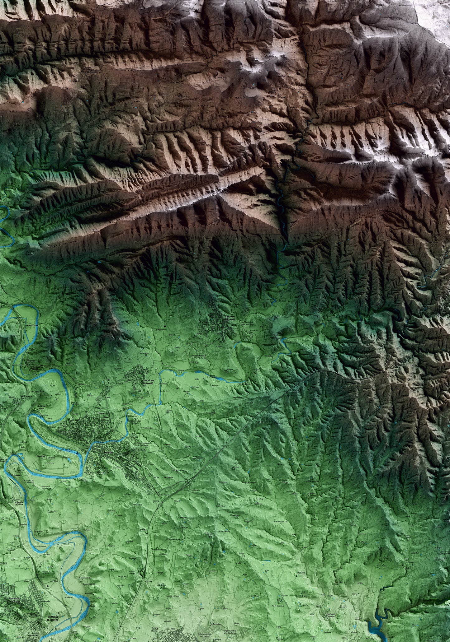 Mapa artístico del relieve de Sant Pere de Torelló, a Osona, con 15 km de entorno y base topográfica ICGC