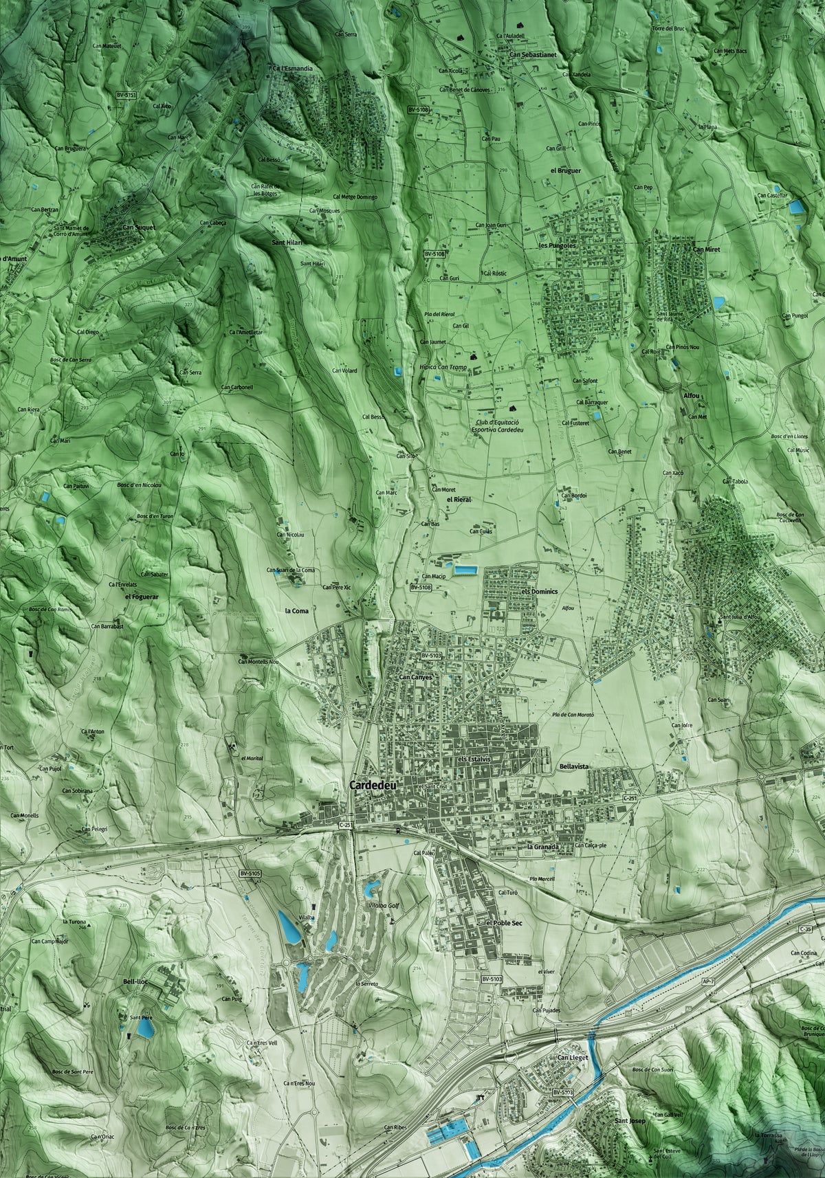 Mapa artístico del relieve de Sant Pere de Vilamajor, al Vallès Oriental, con 15 km de entorno y base topográfica ICGC. Detalle de la zona inferior izquierda.