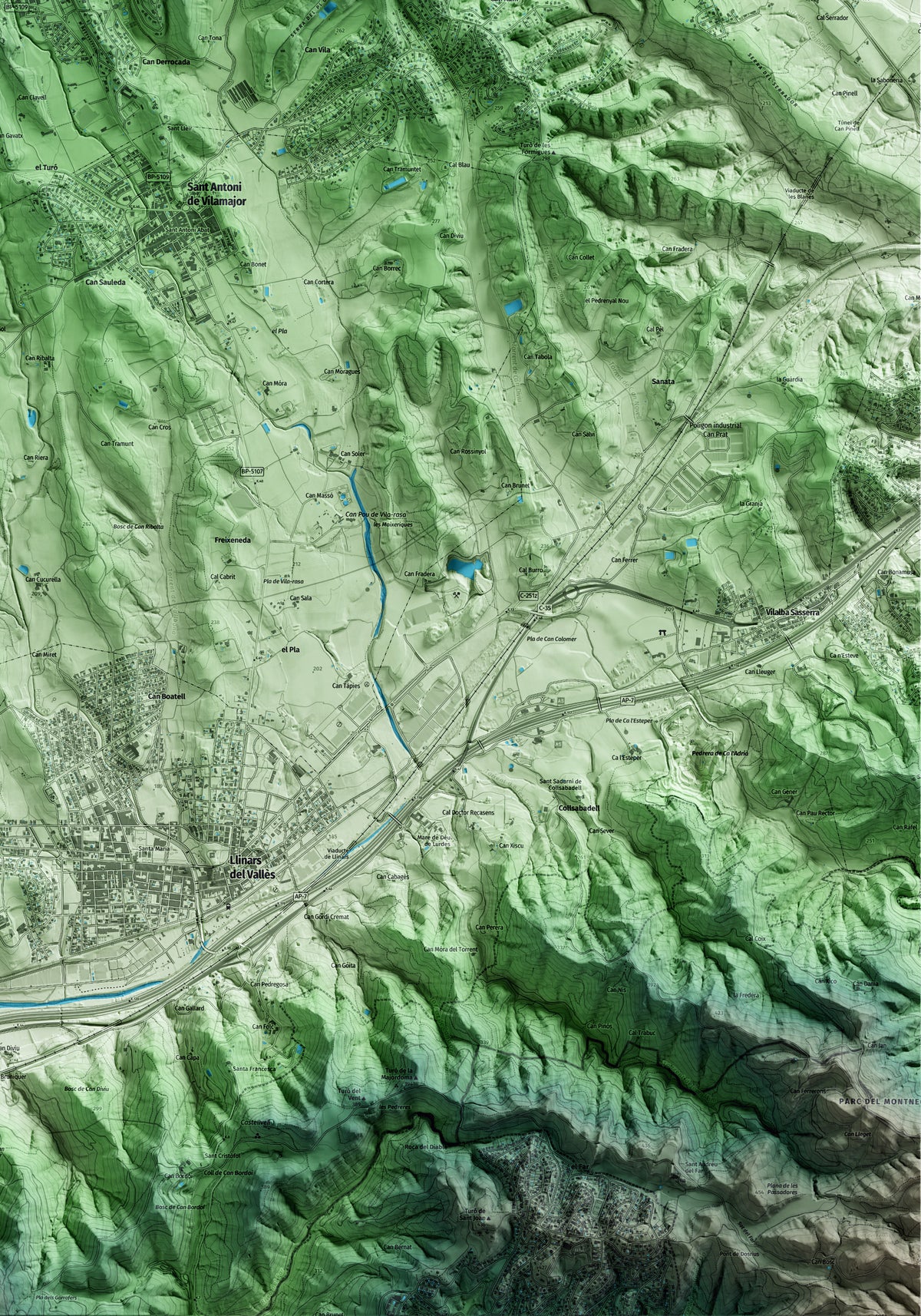 Mapa artístico del relieve de Sant Pere de Vilamajor, al Vallès Oriental, con 15 km de entorno y base topográfica ICGC. Detalle de la zona inferior derecha.