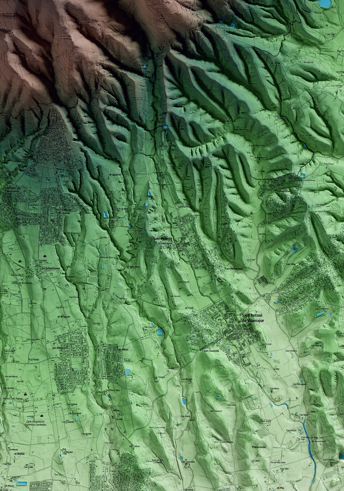 Mapa artístico del relieve de Sant Pere de Vilamajor, al Vallès Oriental, con 15 km de entorno y base topográfica ICGC. Detalle de la zona central.
