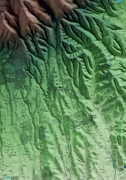Mapa artístico del relieve de Sant Pere de Vilamajor, al Vallès Oriental, con 15 km de entorno y base topográfica ICGC. Detalle de la zona central.