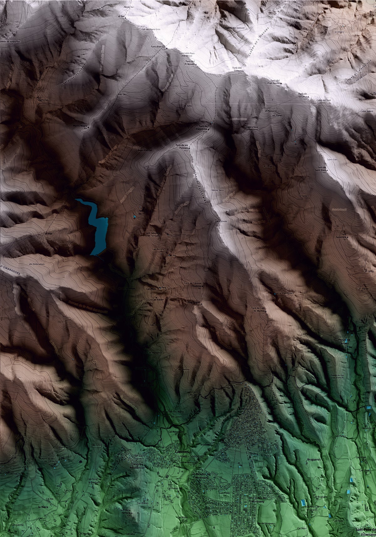 Mapa artístico del relieve de Sant Pere de Vilamajor, al Vallès Oriental, con 15 km de entorno y base topográfica ICGC. Detalle de la zona superior izquierda.
