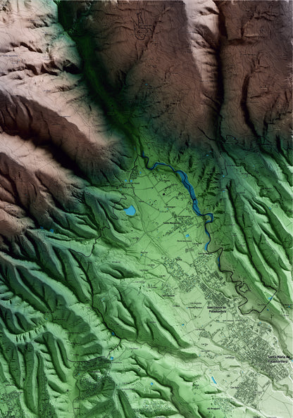 Mapa artístico del relieve de Sant Pere de Vilamajor, al Vallès Oriental, con 15 km de entorno y base topográfica ICGC. Detalle de la zona superior derecha.