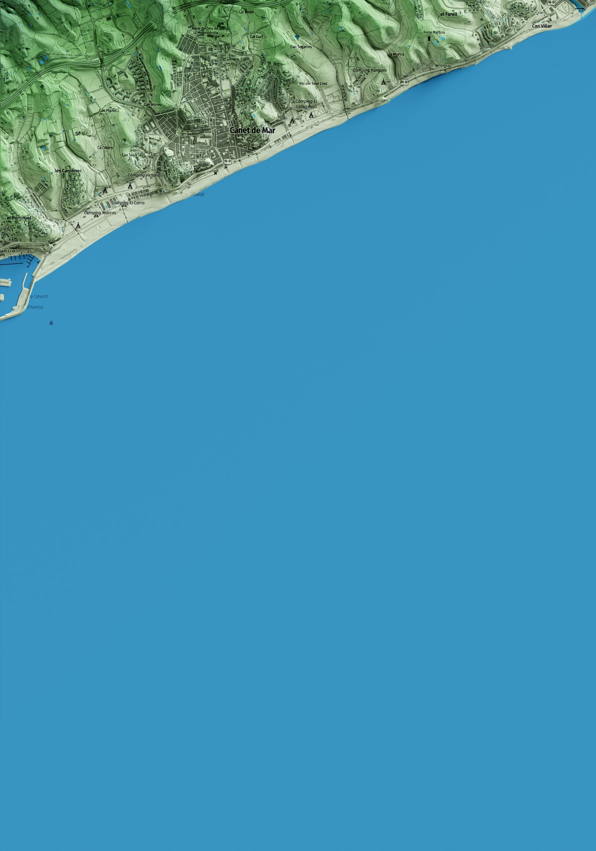 Mapa artístico del relieve de Sant Pol de Mar, al Maresme, con 15 km de entorno y base topográfica ICGC. Detalle de la zona inferior izquierda.