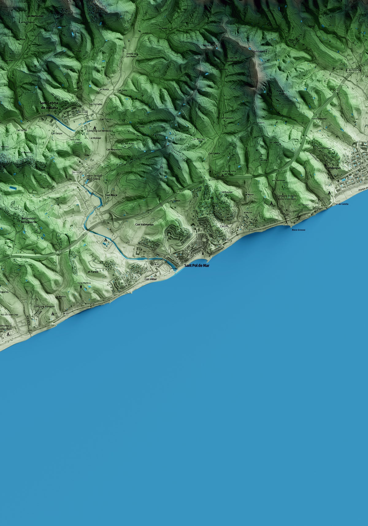 Mapa artístico del relieve de Sant Pol de Mar, al Maresme, con 15 km de entorno y base topográfica ICGC. Detalle de la zona central.