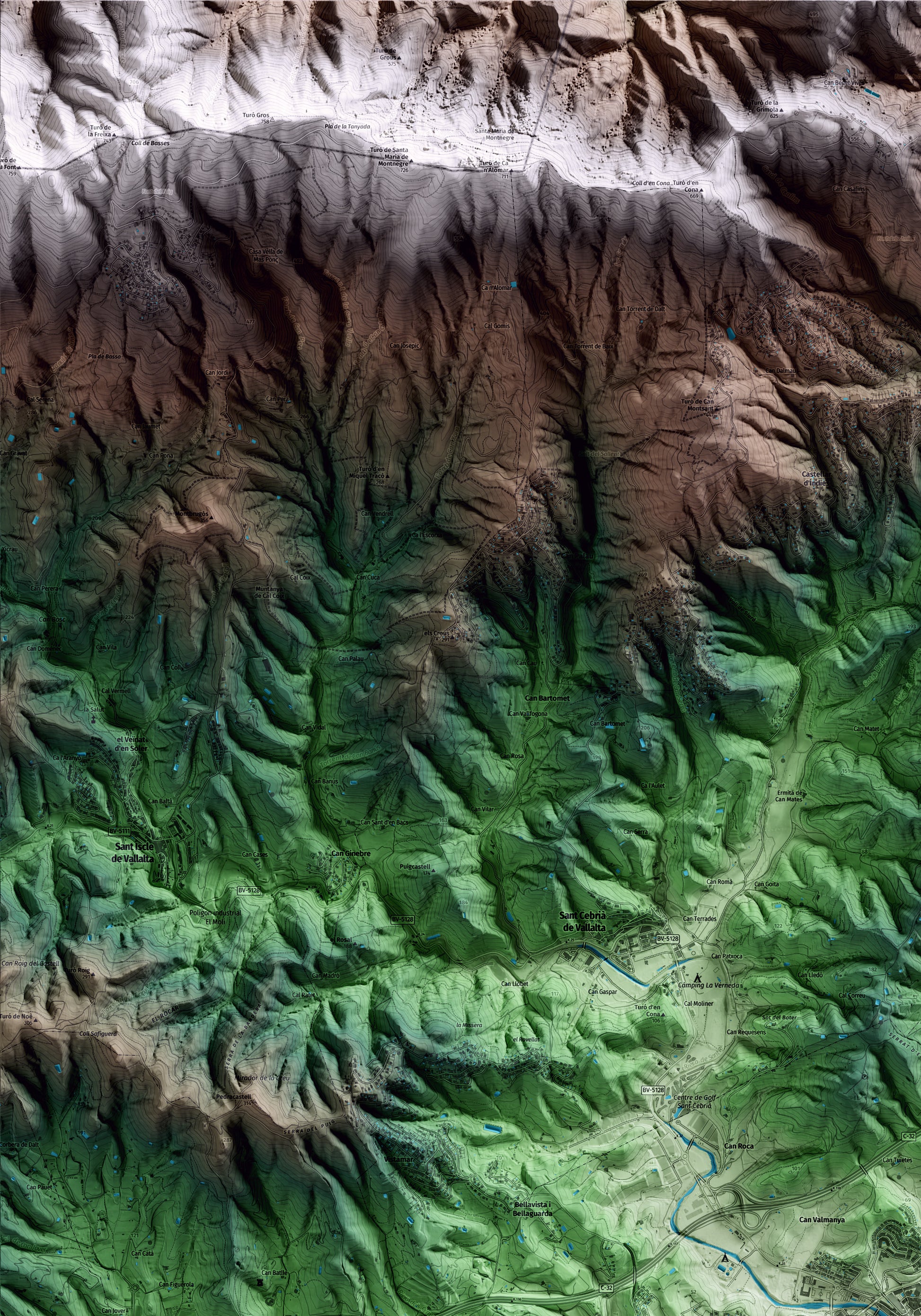 Mapa artístico del relieve de Sant Pol de Mar, al Maresme, con 15 km de entorno y base topográfica ICGC. Detalle de la zona superior izquierda.