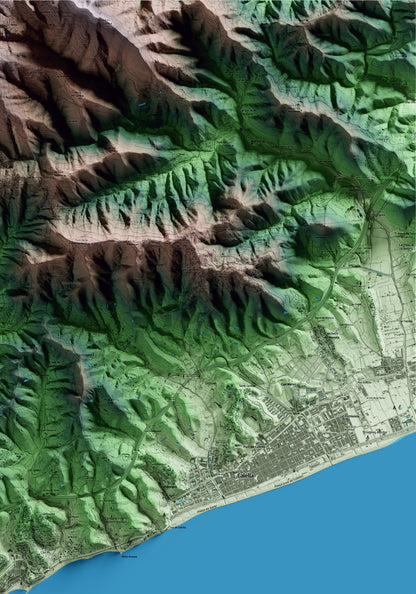 Mapa artístico del relieve de Sant Pol de Mar, al Maresme, con 15 km de entorno y base topográfica ICGC. Detalle de la zona superior derecha.
