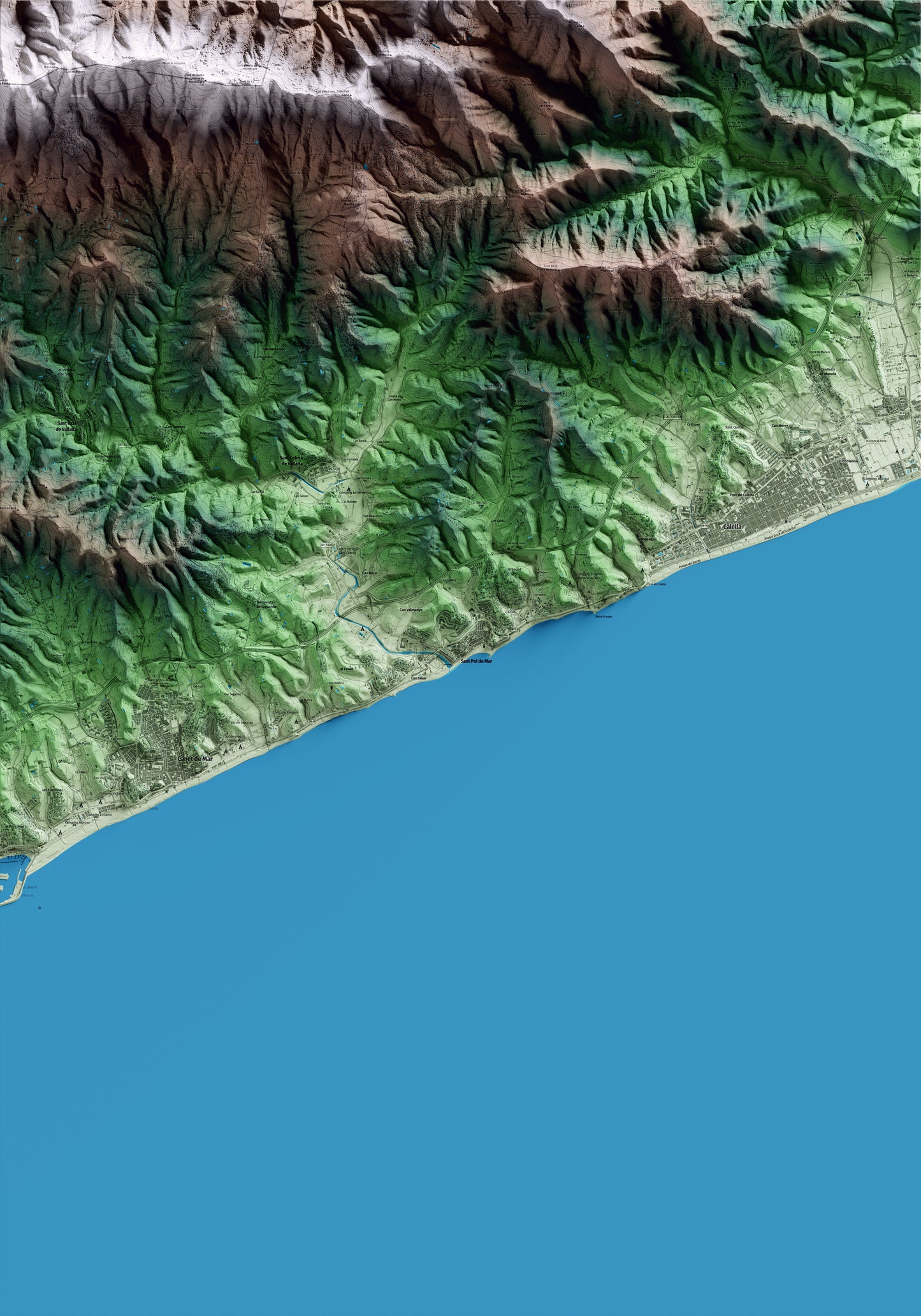 Mapa artístico del relieve de Sant Pol de Mar, al Maresme, con 15 km de entorno y base topográfica ICGC