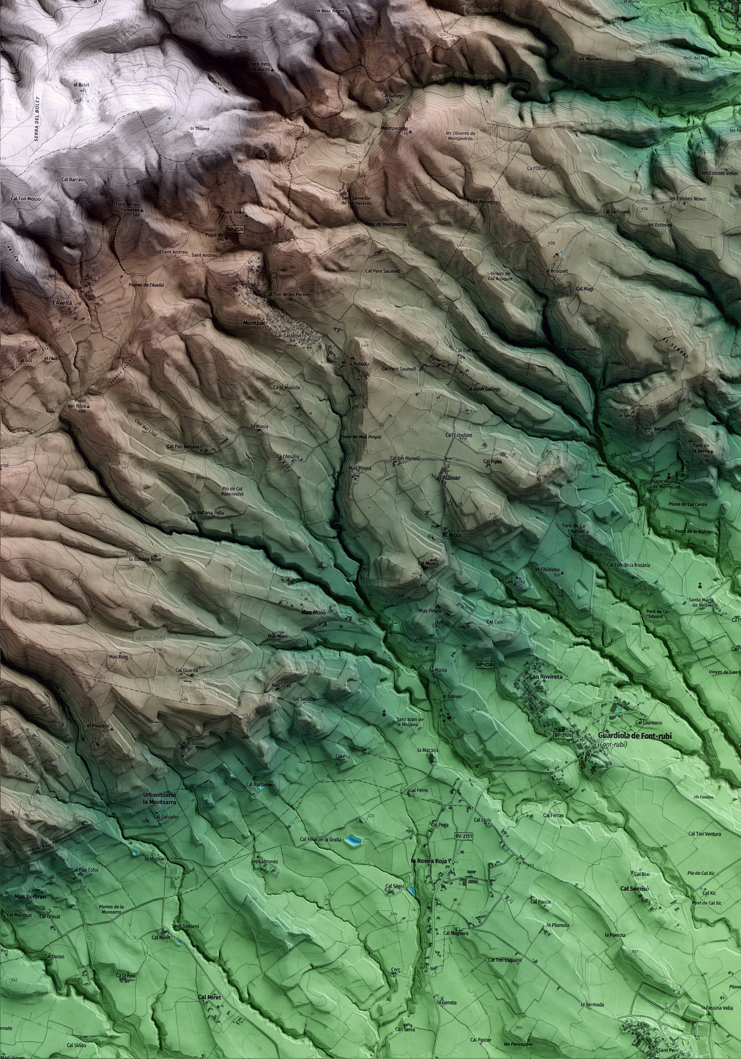 Mapa artístico del relieve de Sant Quintí de Mediona, al Alt Penedès, con 15 km de entorno y base topográfica ICGC. Detalle de la zona inferior izquierda.