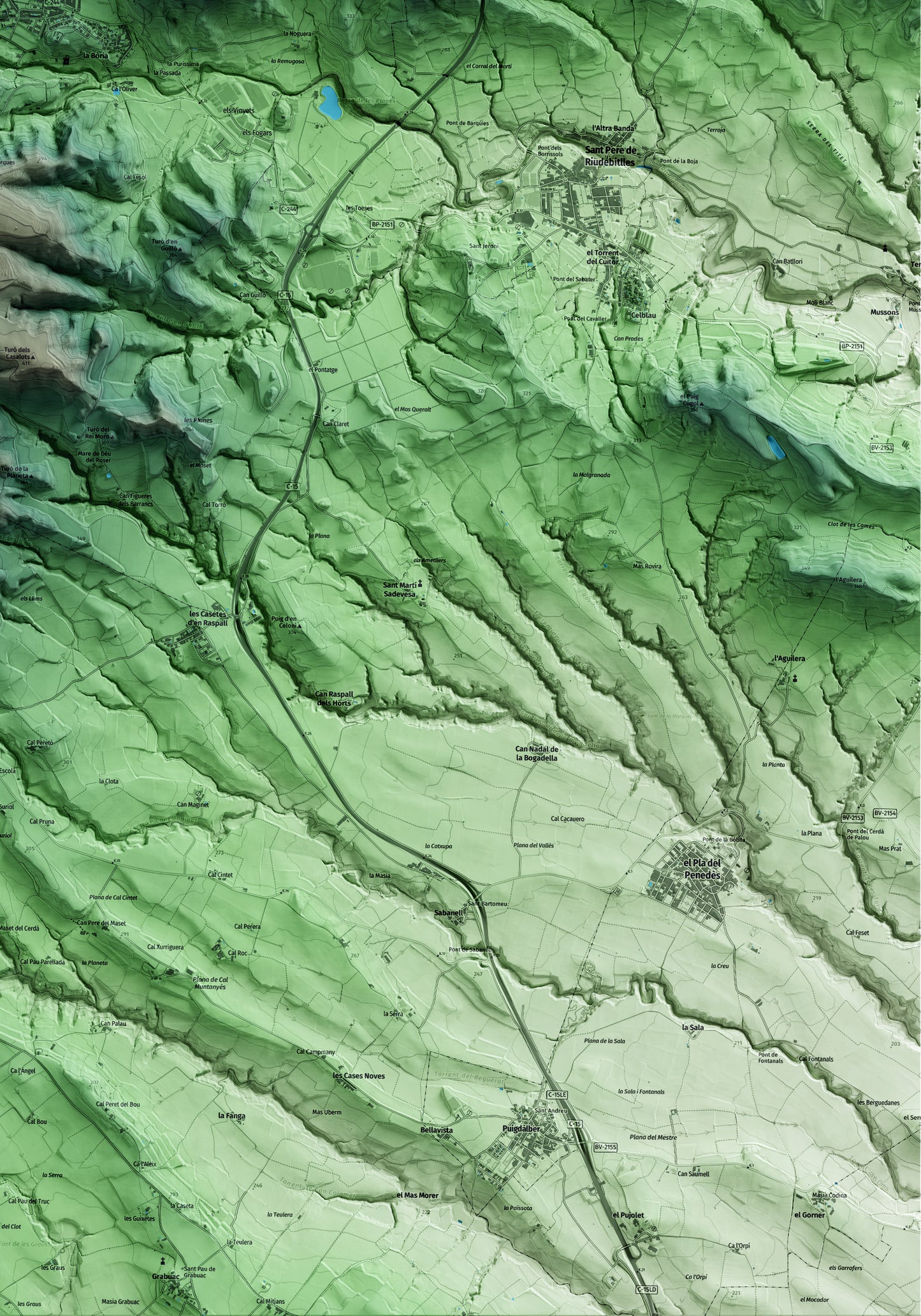 Mapa artístico del relieve de Sant Quintí de Mediona, al Alt Penedès, con 15 km de entorno y base topográfica ICGC. Detalle de la zona inferior derecha.