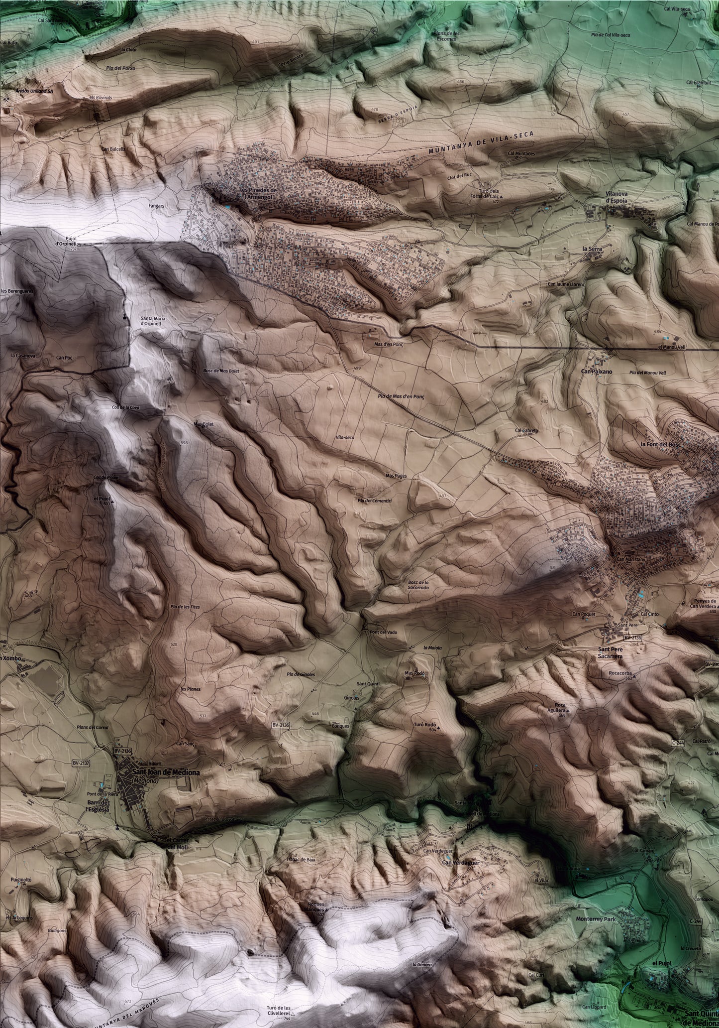 Mapa artístico del relieve de Sant Quintí de Mediona, al Alt Penedès, con 15 km de entorno y base topográfica ICGC. Detalle de la zona superior izquierda.