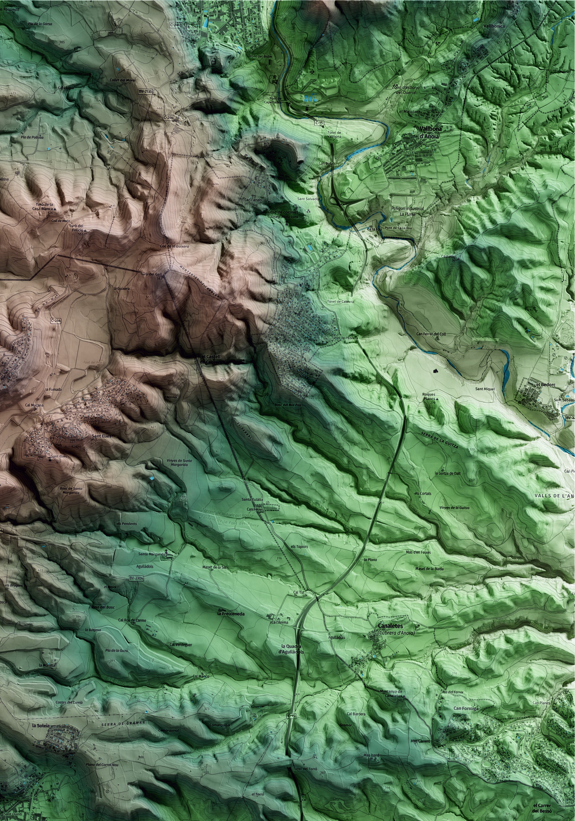 Mapa artístico del relieve de Sant Quintí de Mediona, al Alt Penedès, con 15 km de entorno y base topográfica ICGC. Detalle de la zona superior derecha.