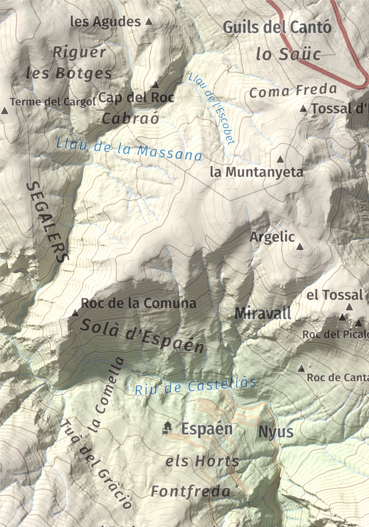 Mapa de relieve de Sant Quiri, 1503 m, Alt Urgell, lámina 100 Cims de Trobart. Detalle de la zona superior izquierda. 21 × 30 cm.