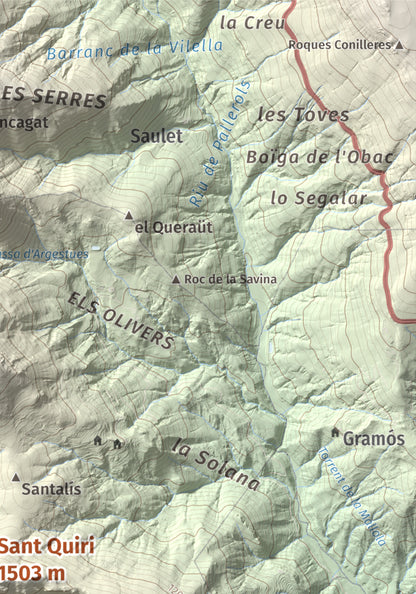 Mapa de relieve de Sant Quiri, 1503 m, Alt Urgell, lámina 100 Cims de Trobart. Detalle de la zona superior derecha. 21 × 30 cm.