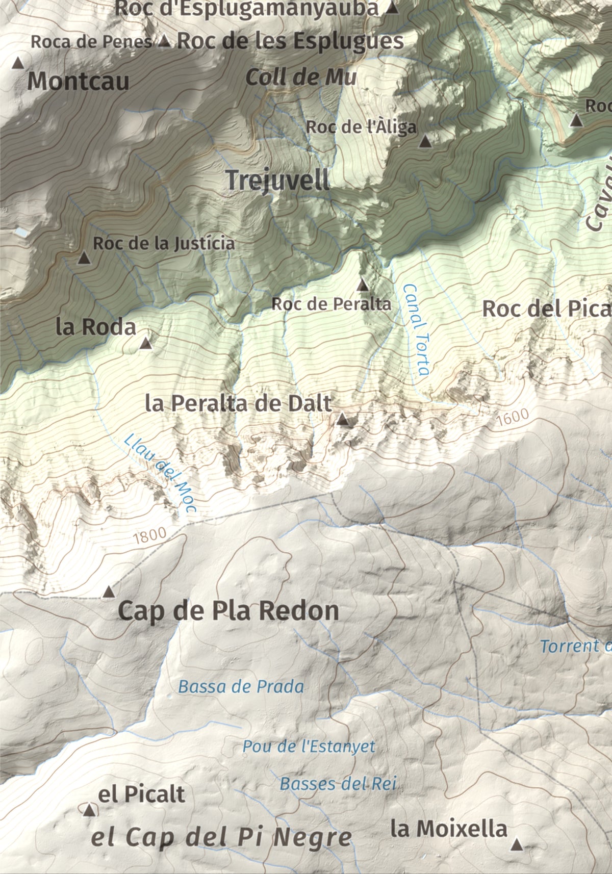 Mapa de relieve de Sant Quiri, 1503 m, Alt Urgell, lámina 100 Cims de Trobart. Detalle de la zona inferior izquierda. 21 × 30 cm.