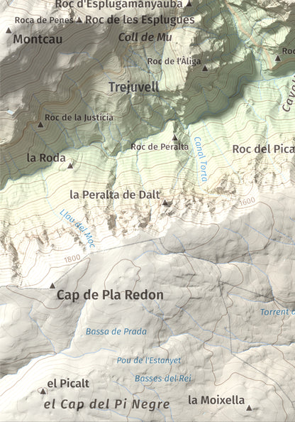 Mapa de relieve de Sant Quiri, 1503 m, Alt Urgell, lámina 100 Cims de Trobart. Detalle de la zona inferior izquierda. 21 × 30 cm.